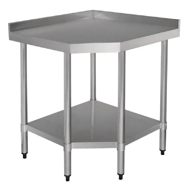 Ruostumaton teräksinen kulmapöytä, jossa on selkänoja ja hylly - L 900 x 700 mm