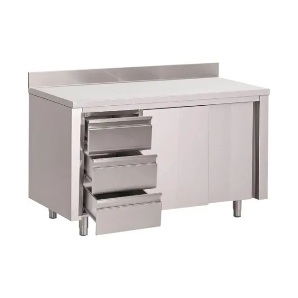 Pöytäkaappi ruostumattomasta teräksestä, jossa on 3 laatikkoa vasemmalla ja liukuovet - L 1800 x S 700 mm